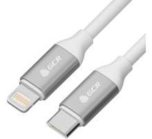 GCR Кабель 0.5m TypeC/Lightning MFI POWER DELIVERY 18 W, быстрая зарядка, белый силикон, AL корпус серебро, белый ПВХ, GCR-52359