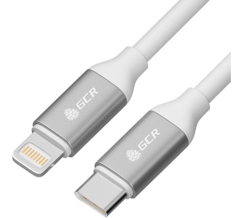 GCR Кабель 0.5m TypeC/Lightning MFI POWER DELIVERY 18 W, быстрая зарядка, белый силикон, AL корпус серебро, белый ПВХ, GCR-52359
