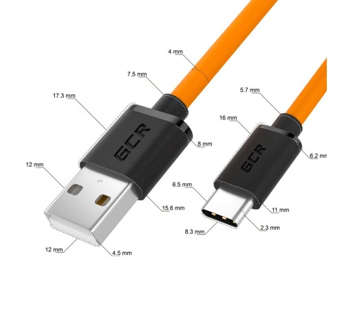 GCR QC Кабель 1.0m, TypeC, быстрая зарядка, оранжевый TPE, черные коннекторы, 28/22 AWG, GCR-52723