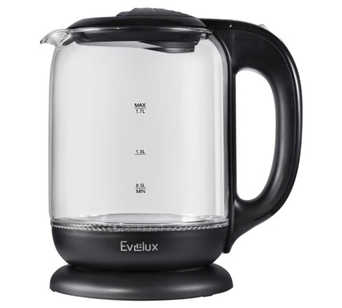 Электрический чайник EVELUX/ Электрический чайник EVELUX, объем 1.7 л, механическое управление, фильтр от накипи, автоотключение, мощность 2200 Вт, светодиодная/звуковая индикация работы, материал: стекло, цвет черный Электрический чайник EVELUX/ Электрический чайник EVELUX, объем 1.7 л, механическое управление, фильтр от накипи, автоотключение, мощность 2200 Вт, светодиодная/звуковая индикация работы, материал: стекло, цвет черный
