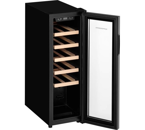 Винный шкаф KUPPERSBERG/ Винный шкаф KUPPERSBERG, отдельностоящий, High-Tech, объем 45 л, вместимость 12 бутылок, диапазон температуры 5-20 градусов, механическое открытие двери, 5 полок из бука, LCD дисплей, уровень шума 38 дБ, цвет черный