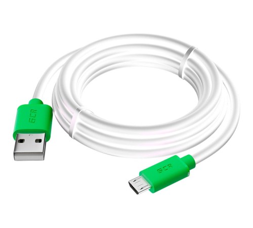 GCR Кабель 3.0m MicroUSB, белый,  зеленые коннекторы, быстрая зарядка, 28/24 AWG, GCR-53229