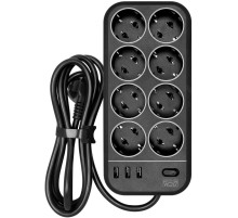 Фильтр-удлинитель PowerCom SP-08 USB03AB 3.0M, 8 розеток, черный, 16А, 4кВт, 175Дж, 3*USB, защитные шторки, защита от КЗ, перегрузки, ВЧ и импульсных помех, кабель 3x1 мм2, ШхГхВ 230х105х45 мм, вес 0.68 кг./ Surge protector PowerCom SP-08 USB03AB 3.0M, 8
