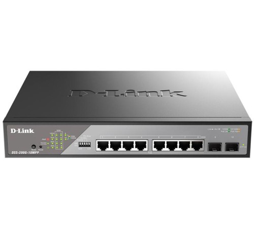Коммутатор D-Link Настраиваемый L2 PoE-коммутатор, 8x1000Base-T PoE 802.3bt 90 Вт, 2x1000Base-X SFP, PoE-бюджет 242 Вт, дальность PoE до 250 м