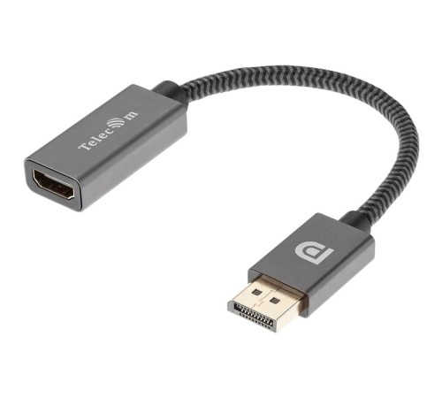 Кабель/ Кабель-переходник DP --> HDMI-F 0.2m , серый металлик, оплетка, 4K@60Hz, Telecom (TA560)