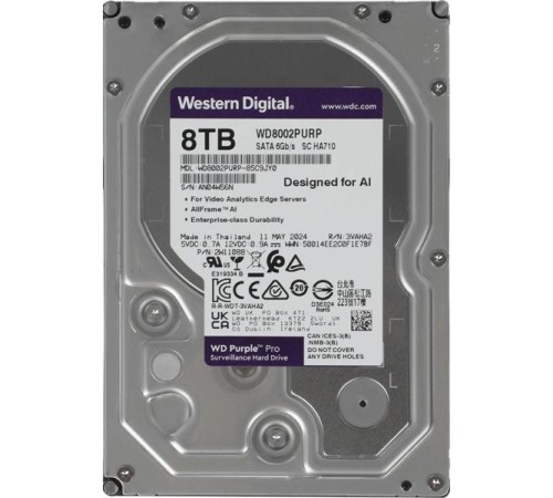 Жесткий диск Western Digital Purple Pro HDD 3.5" SATA 8Тb, 7200 rpm, 256MB buffer (DV&NVR + AI), WD8002PURP, 1 year