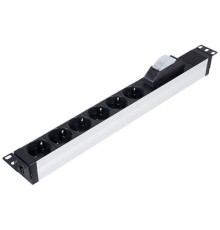  LANDE Блок розеток горизонтальный 19" 1U, 6 позиций Schuko, 1x16A автоматический выключатель, 4000 W, 250V AC, алюминиевый корпус, 482х44х44мм, шнур питания 3x1.5мм 2,5 м, вилка Schuko