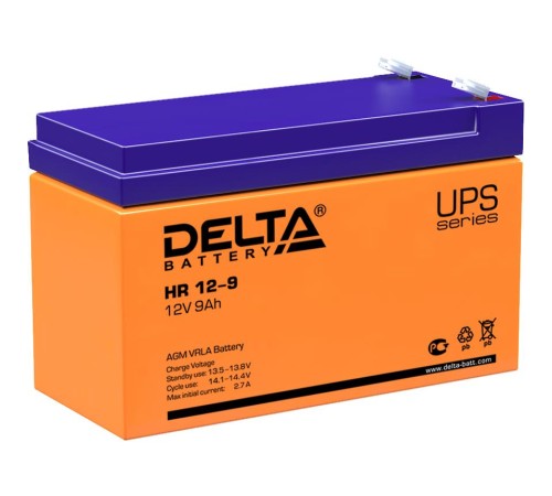 Батарея DELTA серия HR, HR 12-9, напряжение 12В, емкость 9Ач (разряд 20 часов), макс. ток разряда (5 сек.) 135А, макс. ток заряда 2.7А, свинцово-кислотная типа AGM, клеммы F2, ДxШxВ 151х65х94мм., вес 2.78кг., срок службы 8 лет./ Battery DELTA series HR, Батарея DELTA серия HR, HR 12-9, напряжение 12В, емкость 9Ач (разряд 20 часов), макс. ток разряда (5 сек.) 135А, макс. ток заряда 2.7А, свинцово-кислотная типа AGM, клеммы F2, ДxШxВ 151х65х94мм., вес 2.78кг., срок службы 8 лет./ Battery DELTA series HR,