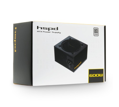 Блок питания/ Power Supply HSPD, 600W 80+ White (ATX, 2.52, Non-modular, 1x24(20+4)pin 500mm, 1xCPU 8(4+4)pin 550mm, 1xPCIe*2 8(6+2)pin 500+150mm, 2xSATA*3 400+150+150mm, 1xMOLEX4pin*3 400+150+150mm , Active, 120x120mm, 150x140x86mm, APFC, OVP, UVP, SCP,