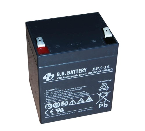 Батарея B.B. Battery серия BP, BP5-12, напряжение 12В, емкость 5Ач (разряд 20 часов), макс. ток разряда (5 сек.) 75А, макс. ток заряда 1.5A, свинцово-кислотная типа AGM, клеммы T2, ДxШxВ 90x70x106мм., вес 1.8кг., срок службы 10 лет/ B.B. Battery series BP Батарея B.B. Battery серия BP, BP5-12, напряжение 12В, емкость 5Ач (разряд 20 часов), макс. ток разряда (5 сек.) 75А, макс. ток заряда 1.5A, свинцово-кислотная типа AGM, клеммы T2, ДxШxВ 90x70x106мм., вес 1.8кг., срок службы 10 лет/ B.B. Battery series BP