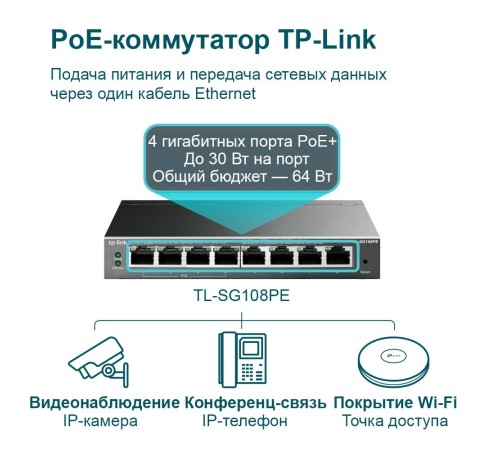 Коммутатор/ 8-Port Gigabit Easy Smart PoE Switch, 8 Gigabit RJ45 ports including 4 PoE ports, IEEE802.3af, 55W PoE power supply, MTU/Port/Tag-based VLAN, QoS, IGMP Snooping, Port Trunk, steel case