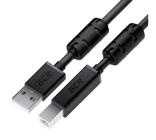 GCR Кабель PROF 5.0m USB 2.0, AM/BM, черный, ферритовые кольца, экран, армированный, морозостойкий