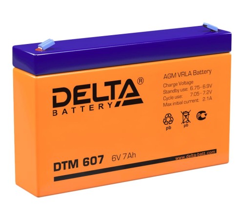 Батарея DELTA серия DTM, DTM 607, напряжение 6В, емкость 7Ач (разряд 20 часов), макс. ток разряда (5 сек.) 105А, макс. ток заряда 2.04А, свинцово-кислотная типа AGM, клеммы F1, ДxШxВ 151х34х94мм., вес 1.2кг., срок службы 6 лет./ Battery DELTA series DTM, Батарея DELTA серия DTM, DTM 607, напряжение 6В, емкость 7Ач (разряд 20 часов), макс. ток разряда (5 сек.) 105А, макс. ток заряда 2.04А, свинцово-кислотная типа AGM, клеммы F1, ДxШxВ 151х34х94мм., вес 1.2кг., срок службы 6 лет./ Battery DELTA series DTM,