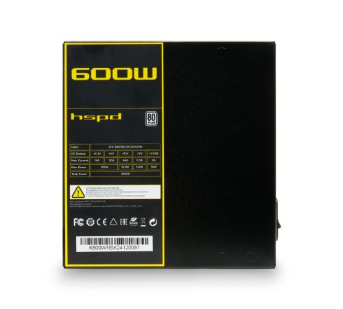 Блок питания/ Power Supply HSPD, 600W 80+ White (ATX, 2.52, Non-modular, 1x24(20+4)pin 500mm, 1xCPU 8(4+4)pin 550mm, 1xPCIe*2 8(6+2)pin 500+150mm, 2xSATA*3 400+150+150mm, 1xMOLEX4pin*3 400+150+150mm , Active, 120x120mm, 150x140x86mm, APFC, OVP, UVP, SCP,