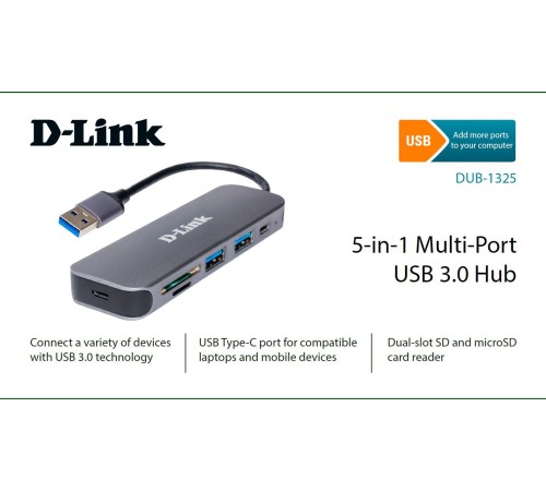 Концентратор/ DUB-1325 USB3.0 Hub, 2xUSB3.0 + USB-C, SD/microSD Card Reader Концентратор/ DUB-1325 USB3.0 Hub, 2xUSB3.0 + USB-C, SD/microSD Card Reader