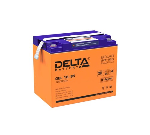Батарея DELTA серия GEL, GEL 12-85, напряжение 12В, емкость 85Ач (разряд 10 часов),  макс. ток разряда (5 сек.) 750А, макс. ток заряда 17А, свинцово-кислотная типа AGM+GEL, клеммы под болт М6, ДxШxВ 260х168х219мм., вес 25.2кг., LCD, срок службы 10-12 лет.