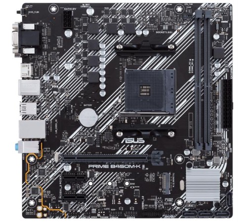 Материнская палата ASUS PRIME B450M-K II, AM4, B450, 2*DDR4, 4*SATA, 1*M.2, 4*USB 3.2, 2*USB 2.0, 3*PCIx16, 2*PCIx1, DVI-D+D-Sub+HDMI, mATX; 90MB1600-M0EAY0