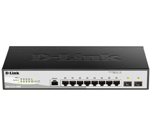 Коммутатор D-Link Управляемый L2 коммутатор, 8x1000Base-T, 2x1000Base-X SFP, защита от статического электричества до 6 кВ, CLI, консольный порт RJ-45, RPS, поддержка Dying Gasp