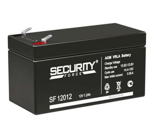 Батарея SECURITY FORCE серия SF, SF 12012, напряжение 12В, емкость 1.2Ач (разряд 20 часов), макс. ток заряда 0.36А, свинцово-кислотная типа AGM, клеммы F1, ДxШxВ 97х44х52мм., кг., срок службы 3-5 лет./ Battery SECURITY FORCE series SF, SF 12012, voltage 1