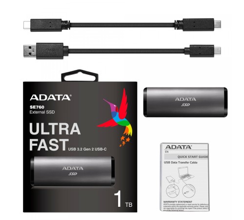Твердотельный накопитель/ ADATA External SSD SE760, 1024GB, Type-C, USB 3.2 Gen2, R/W 1000/800 MB/s, 122x44x14mm, Titan-Gray (3 года) Твердотельный накопитель/ ADATA External SSD SE760, 1024GB, Type-C, USB 3.2 Gen2, R/W 1000/800 MB/s, 122x44x14mm, Titan-Gray (3 года)