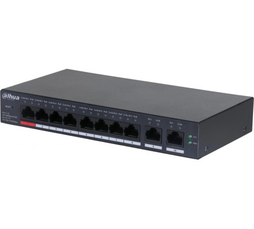 8-портовый PoE коммутатор с функцией облачного управления, Порты: 8 RJ45 10/100Мбит/с (PoE/PoE+/Hi-PoE) 2 RJ45 10/100/1000Мбит/с (uplink); мощность PoE: порт 1 до 90Вт порты 28 до 30Вт суммарно до 110Вт; PoE watchdog передача до 250м; питание: 57В(DC)