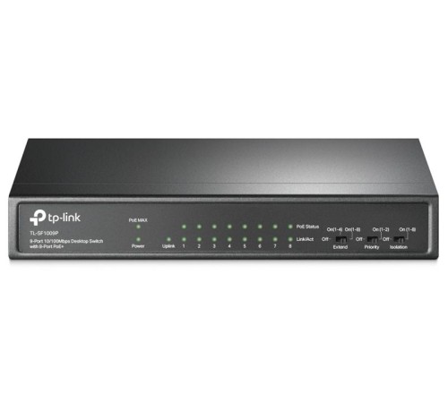 коммутатор TP-Link TL-SF1009P, 9-Port 10/100 Mbps Desktop Switch with 8-Port PoE+, 65 W, 250m