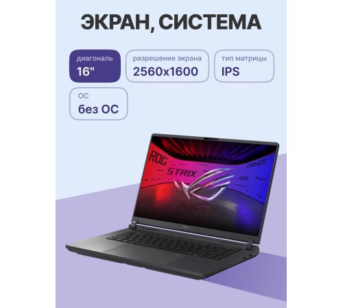Ноутбук/ ASUS ROG Strix G16 G615LR-S5162 16"(2560x1600 (матовый, 240Hz) IPS)/Intel Core Ultra 7 255HX(2.4Ghz)/16384Mb/1024PCISSDGb/noDVD/Ext:NVIDIA GeForce RTX 5070 Ti(12288Mb)/Cam/BT/WiFi/90WHr/war 1y/2.65kg/Eclipse Gray/DOS