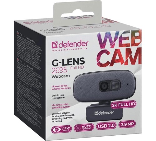 Веб-камера Defender 63195 G-lens 2695 FullHD 2K 1520p, 3.9МП Веб-камера Defender 63195 G-lens 2695 FullHD 2K 1520p, 3.9МП