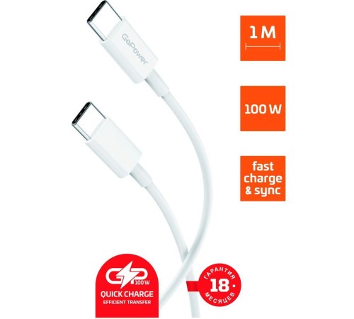 Кабель/ Кабель GoPower GP10TT-60W Type-C (m)-Type-C (m) 1.0м 60W белый (1/200/800)