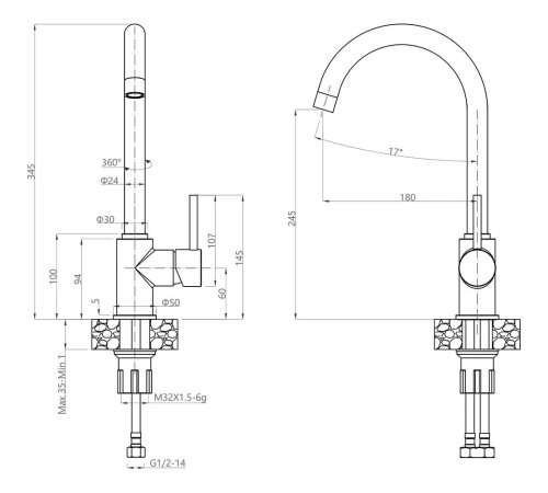 Смеситель GRANFEST 3650 graphite смеситель для кухни, U-образный, материал: нержавеющая сталь, поворотный излив, цвет графит