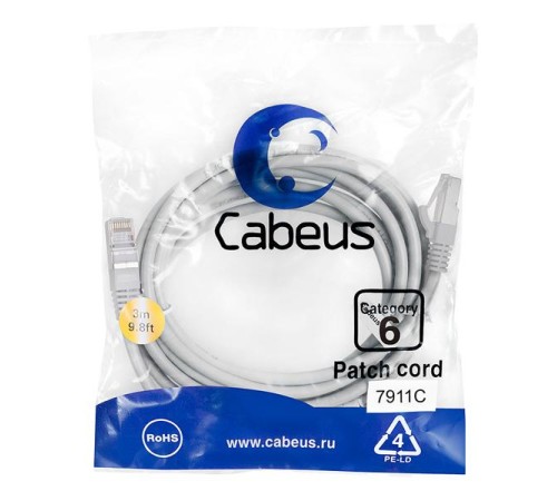 Патч-корд F/UTP, категория 6, 2xRJ45/8p8c, экранированный, серый, LSZH, 3м Cabeus PC-FTP-RJ45-Cat.6-3m-LSZH Патч-корд F/UTP, категория 6, 2xRJ45/8p8c, экранированный, серый, LSZH, 3м