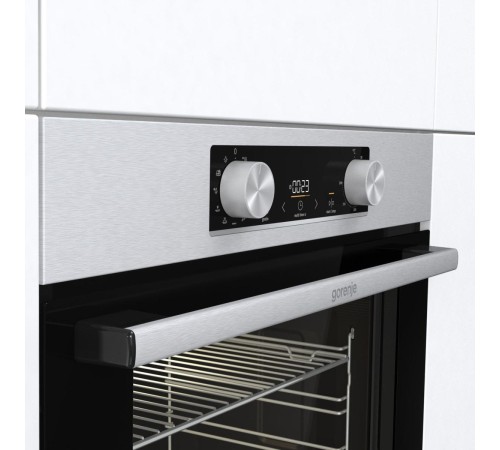Встраиваемые электрические духовки GORENJE/ Духовой шкаф, Полезный объем: 77 л, Автопрограммы, Стандартный шарнир дверцы, Решетка, Съемные направляющие, Дверца CompactDoor: 2 стекла + 1 термослой, Габаритные размеры (вхшхг): 59,5 × 59,5 × 56,4 см, Вес (бр