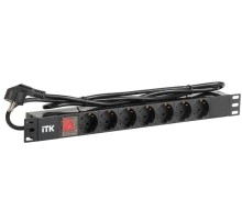 PDU 7 розеток нем. стандарт, с LED выключателем,1U, шнур 2м вилка нем. стандарт, алюминиевый профиль