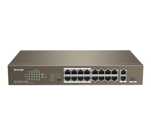 Коммутатор/ Tenda TEF1118P-16-150W Коммутатор неуправляемый PoE, 18 портов, 16х100 Мбит/с, 2x1 Гбит/с, PoE 16х30 Вт (до 130Вт), установка в стойку