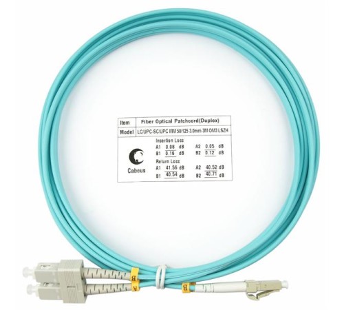 Патч-корд ВО Cabeus FOP-50-LC-SC-3m Шнур оптический duplex LC-SC 50/125 mm OM3 3м LSZH