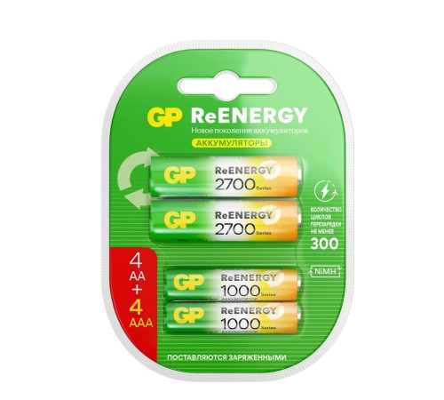 Аккумулятор Перезаряжаемые аккумуляторы GP ReEnergy 270AAHC АА+100AAAHC AAA, емкости 2650 и 930 мАч - 8 шт. в промо-упаковке 4+4