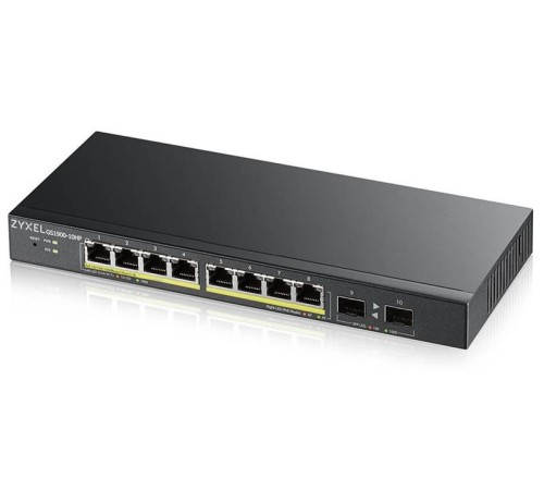 коммутатор Smart L2 коммутатор PoE+ Zyxel GS1900-10HP, 8xGE PoE+, 2xSFP, настольный, бесшумный, бюджет PoE 77 Вт