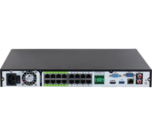 16-канальный IP-видеорегистратор c PoE 4K H.265+ и ИИ , Входящий поток до 384Мбит/с; сжатие: H.265+ H.265 H.264+ H.264 MJPEG; разрешение записи до 32Мп; накопители: 2 SATA III до 20Тбайт; воспроизведение: 16кн@4Mp 2кн@32Мп; видеовыходы: 1 HDMI 1 VGA; cеть