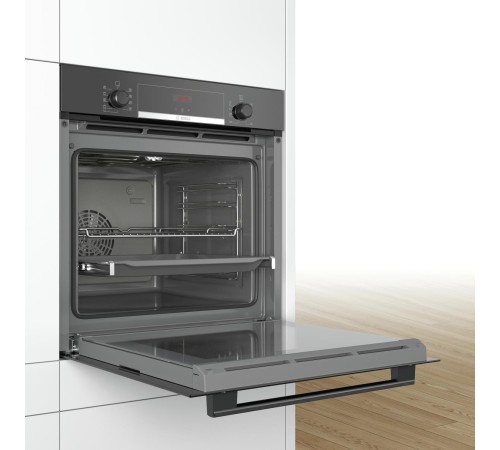 Встраиваемая электрическая духовка BOSCH 60 см, встраиваемый, электрический с конвекцией, объем 71 л, утапливаемые переключатели, 6 режимов, очистка каталитическая, направляющие проволочные + телескопические (1 уровень), черный