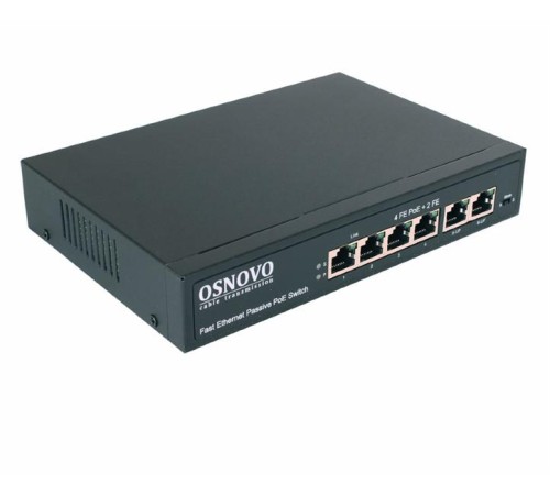PoE Коммутатор OSNOVO SW-20600/A(80W) Passive PoE коммутатор Fast Ethernet на 6 портов. Порты: 4 х FE (10/100 Base-T, 52V 4,5(+) 7,8(–)) совместимы с PoE (IEEE 802.3af/at), 2 x FE (10/100 Base-T) Uplink. Совместим с