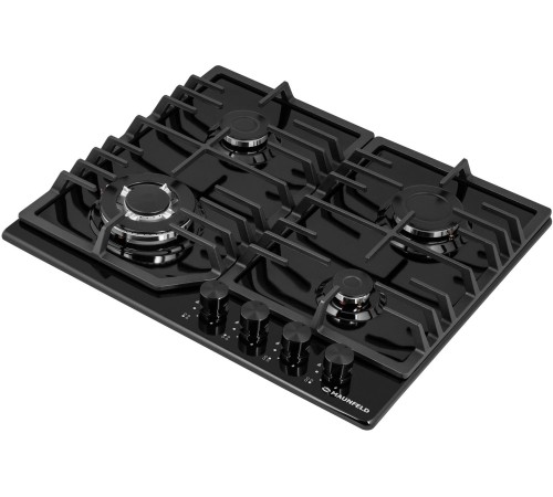 Встраиваемые газовые панели MAUNFELD/ Варочная панель, газ, 60 см, механическое управление, 4 конфорки, электроподжиг, газ-контроль, WOK-конфорка, черный