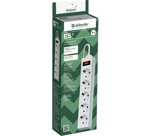 Сетевой фильтр Defender ES 5 5 м, белый, 5 розеток/ Surge Protector Defender ES 5 5m, white, 5 outlets Сетевой фильтр Defender ES 5 5 м, белый, 5 розеток/ Surge Protector Defender ES 5 5m, white, 5 outlets