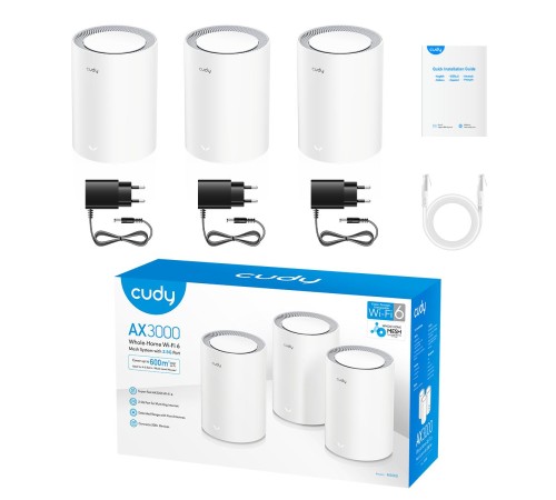 Wi-Fi Mesh-система/ AX1800 Wi-Fi 6 Mesh Solution 3-Pack, Chipset MediaTek, Dual-Band, 802.11ax/ac/a/b/g/n, 1201Mbps at 5GHz + 574Mbps at 2.4GHz, 2 Gigabit Ethernet Ports, 4 internal antennas, MU-MIMO, DDNS, Zerotier/Wireguard/OpenVPN/IPSec/L2TP/PPTP VPN Wi-Fi Mesh-система/ AX1800 Wi-Fi 6 Mesh Solution 3-Pack, Chipset MediaTek, Dual-Band, 802.11ax/ac/a/b/g/n, 1201Mbps at 5GHz + 574Mbps at 2.4GHz, 2 Gigabit Ethernet Ports, 4 internal antennas, MU-MIMO, DDNS, Zerotier/Wireguard/OpenVPN/IPSec/L2TP/PPTP VPN