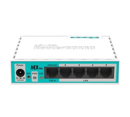 Маршрутизатор MikroTik hEX lite with 850MHz CPU, 64MB RAM, 5 LAN ports, RouterOS L4, plastic case, PSU