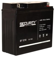 Батарея SECURITY FORCE серия SF, SF 1218, напряжение 12В, емкость 18Ач (разряд 20 часов),  макс. ток разряда (5 сек.) 30А, макс. ток заряда 5.4А, свинцово-кислотная типа AGM, клеммы под гайку и болт M6, ДxШxВ 181х77х167мм., вес кг., срок службы 3-5 лет./