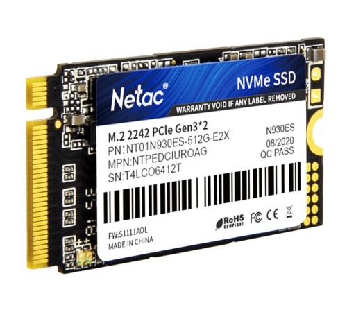 SSD накопитель Netac SSD N930ES 512GB PCIe 3 x2 M.2 2242 NVMe 3D NAND, R/W up to 1650/1500MB/s, IOPS(R4K) 180K/200K, TBW 300TB, 3y wty SSD накопитель Netac SSD N930ES 512GB PCIe 3 x2 M.2 2242 NVMe 3D NAND, R/W up to 1650/1500MB/s, IOPS(R4K) 180K/200K, TBW 300TB, 3y wty