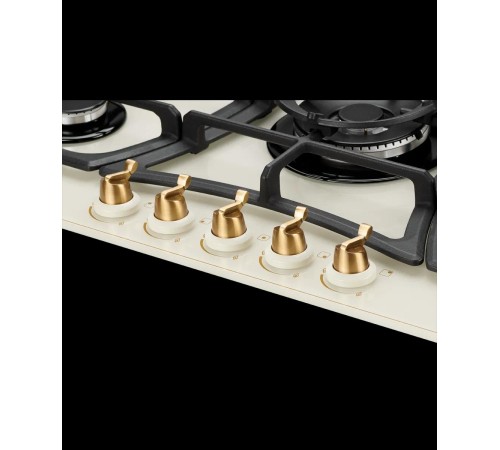 Газовая варочная поверхность Kuppersberg/ Газовая варочная поверхность, закаленное стекло, ширина 90 см, 5 газовых конфорок, WOK конфорка(4,2 кВт), автоподжиг, газ-контроль, чугунные решетки, Коллекция Classic, Цвет бежевый, Цвет фурнитуры бронзовый