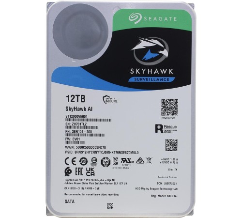 Жесткий диск/ RECERTIFIED HDD Seagate SkyHawk AI SATA 12Tb 7200 6Gb/s 256Mb 1 year warranty RECERTIFIED (replacement WD121PURP)