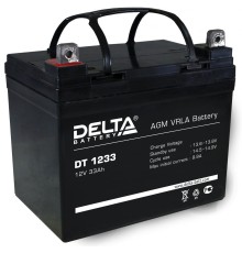 Батарея DELTA серия DT, DT 1233, напряжение 12В, емкость 33Ач (разряд 20 часов),  макс. ток разряда (5 сек.) 440А, макс. ток заряда 9.9А, свинцово-кислотная типа AGM, клеммы под гайку и болт M8, ДxШxВ 197х130х159мм., вес 10.1кг., срок службы 5 лет./ Batte