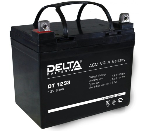 Батарея DELTA серия DT, DT 1233, напряжение 12В, емкость 33Ач (разряд 20 часов),  макс. ток разряда (5 сек.) 440А, макс. ток заряда 9.9А, свинцово-кислотная типа AGM, клеммы под гайку и болт M8, ДxШxВ 197х130х159мм., вес 10.1кг., срок службы 5 лет./ Batte